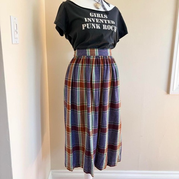 Vintage 60s wool plaid pleated skirt cottagecore retro academia antique 50s XS - Picture 3 of 11
